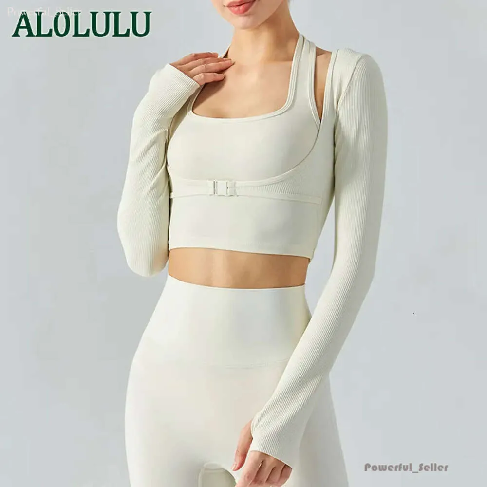 AL0LULU Yoga Top esportivo de manga comprida Roupas de fitness femininas com almofada no peito 1676