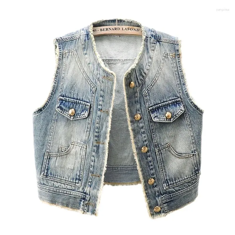 Damesvesten Vintage Lichtblauw Gerafeld O-hals Denim Vest Damesvest Cowboy Mouwloos Jasje Lente Herfst Losse Korte Jeans Vrouwelijk