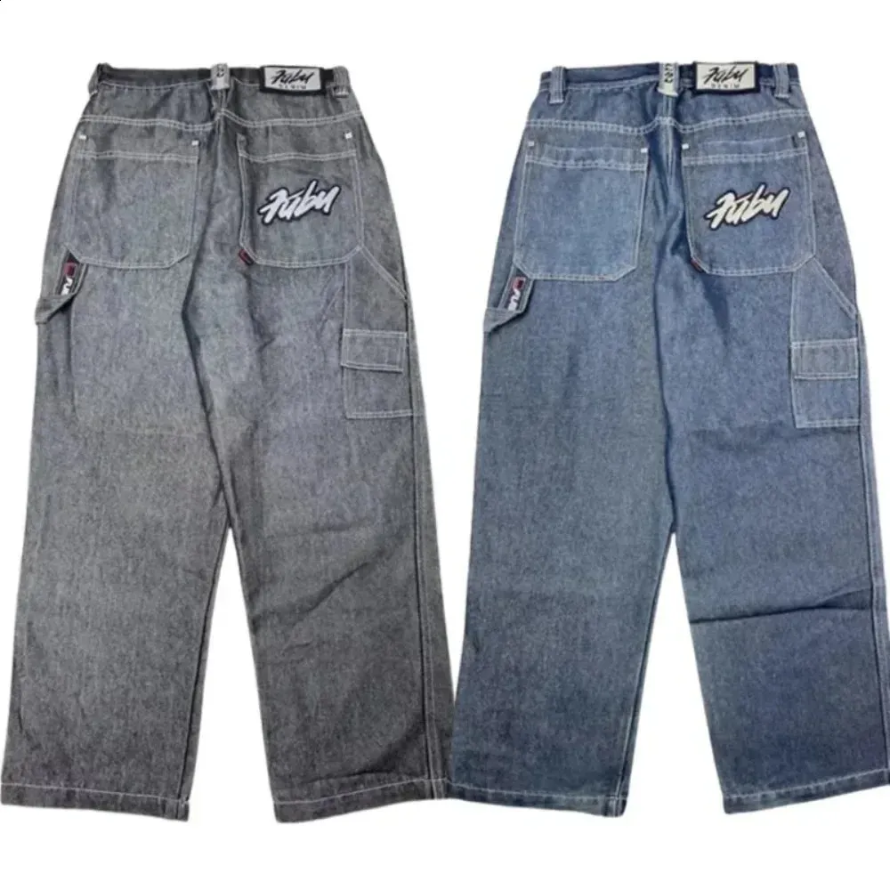 Calças de brim de rua para homens e mulheres Y2K Harajuku 90s hiphop letras bordadas azul retro solto jeans gótico calças de cintura alta 240119