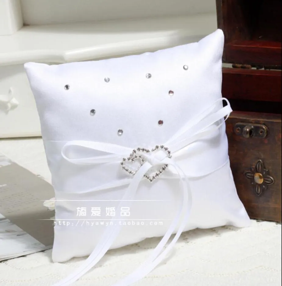 Ribbon White Rhinestone Crystal Hear Style Ring Pillows Romantic Wedding Bridal and Groom Pillows For Ring5691525