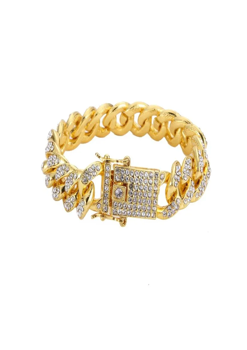 Bracciale a catena a maglie in acciaio inossidabile da uomo Colore oro argento Doppia chiusura magnetica di sicurezza con strass pieno Moda Gioielli Hip Hop Uomo 4302824