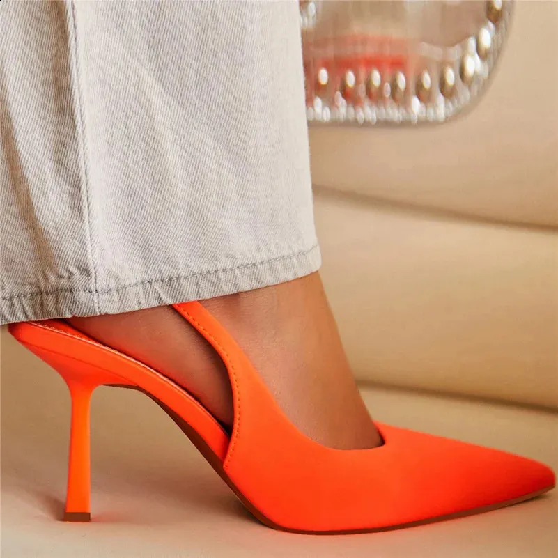 Kadınlar 9cm Yüksek Topuklu Pompalar Neon Turuncu Yeşil Sandallar Lady Slingback Mules Sandalı Toe Orta Topuklu Parti Fetiş Balo Düğün Ayakkabıları 240125