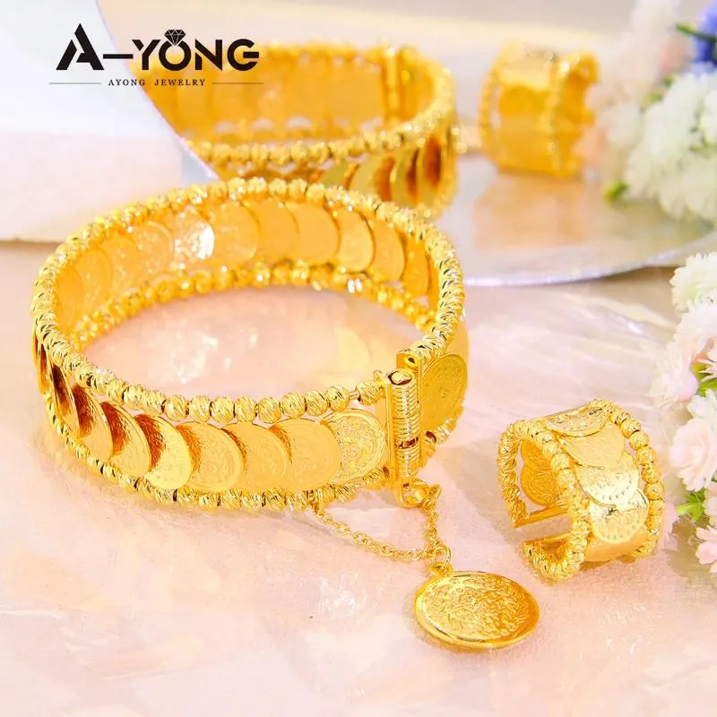 Set di gioielli con monete arabe e braccialetti placcati in oro 24k del Medio Oriente Dubai Set di anelli con bracciale turco per donna, matrimonio di lusso vintage