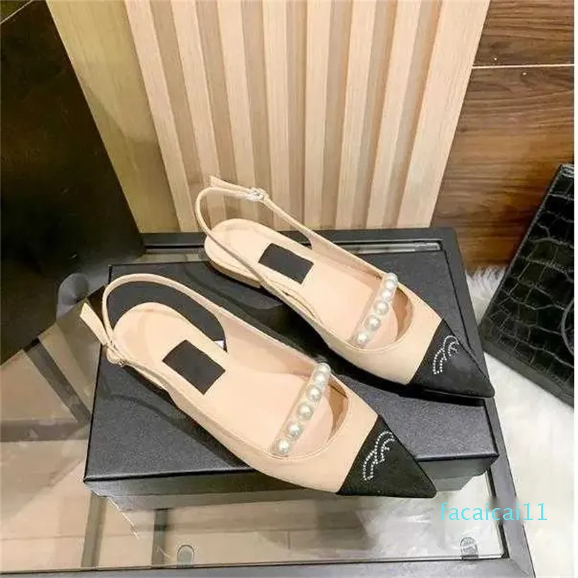 Sapatos de vestido pontudo designer clássico cor bloco sapatos moda pérola corrente emparelhado com strass fundo plano slingbackl senhoras sapato