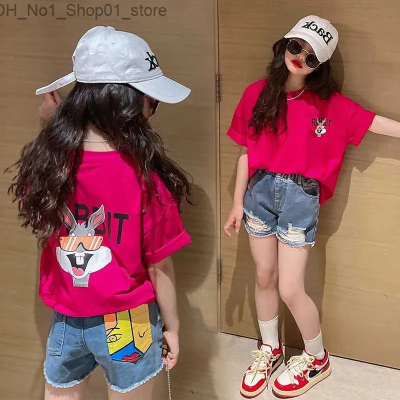 T-shirt 2023 Ragazze Kawaii T-shirt Cute Rabbit 5 6 7 8 9 10 anni T-shirt per ragazze Bambini T-shirt a maniche corte T-shirt per bambini Cartoon Casual Top Q240218