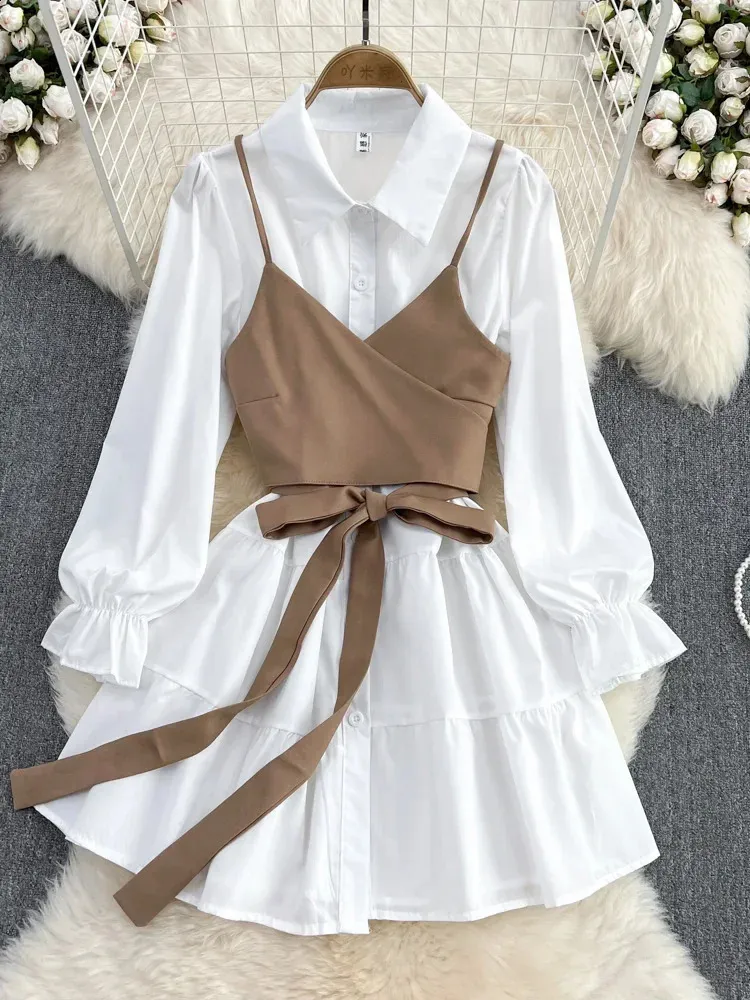 Spring Autumn Fashion Casual Suit Female Korean Loose White Shirt Dress Slim Vest Twopiece Set GD786 240202