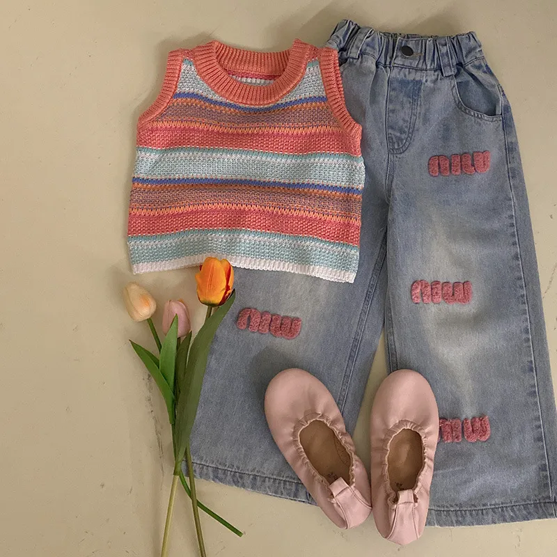 Girls' Knitted Waistcoat Spring New Little Girl Colored Striped Sleeveless Vest with All Fashion Jeans
