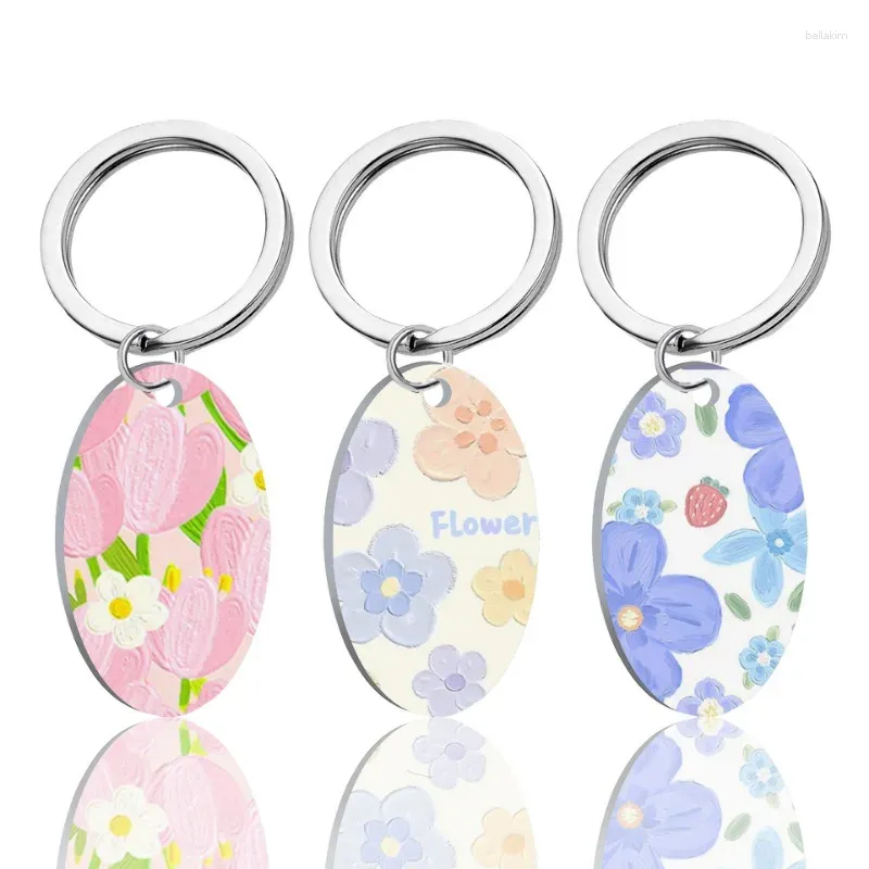 Keychains Color Printing KeyChain Men Oil Painting Flower Key Chain Women Stainless Steel Ring Ellipse Pendant Party Charm Friend Gift