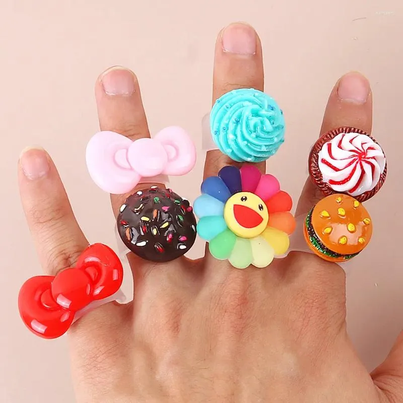 Cluster Rings Design Creative Colorful Flower Ice Cream Resin Ring For Women Geometric Food Shape Adjustable Finger Jewelry Gifts