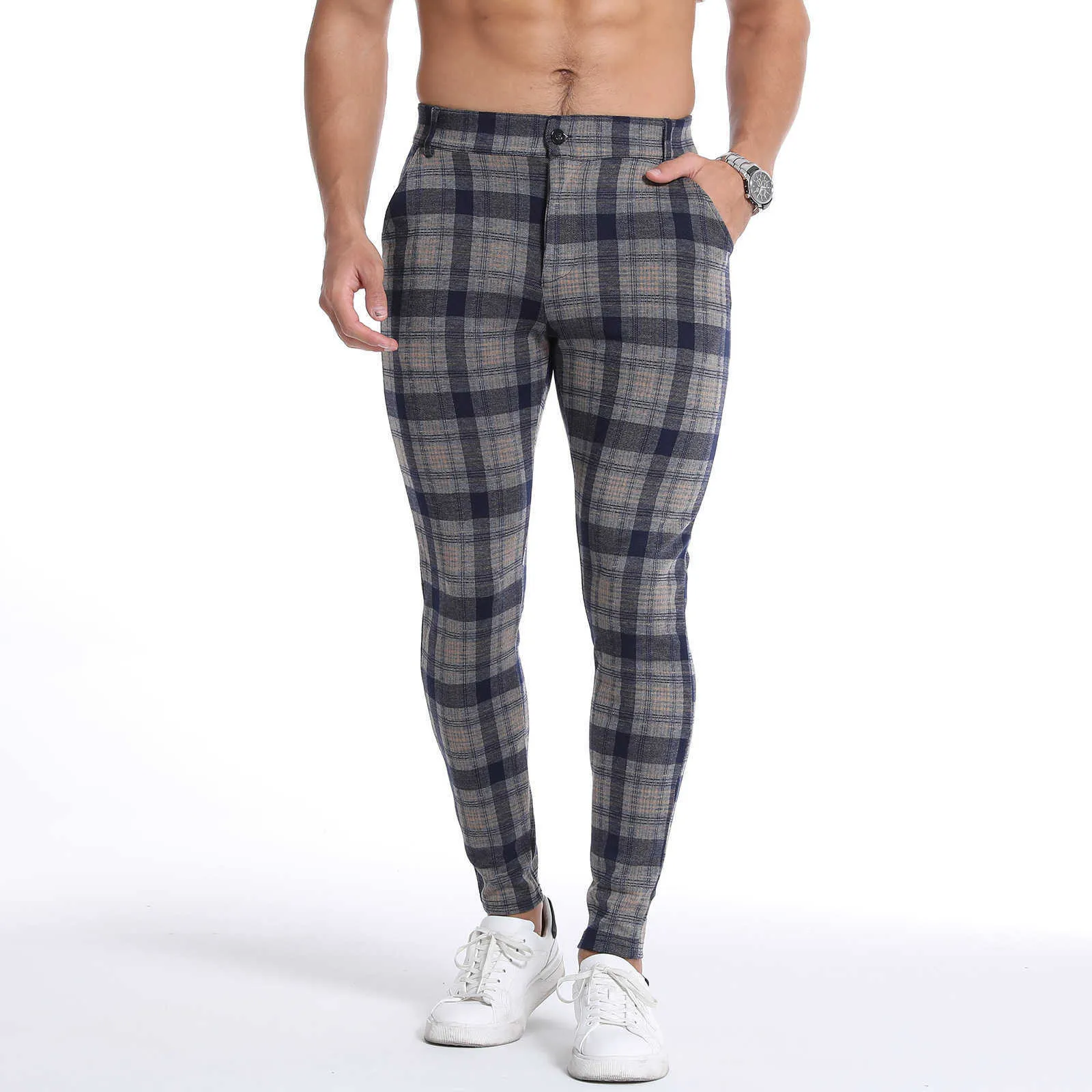 Pantaloni da uomo Pantaloni casual di marca di moda Pantaloni scozzesi dai piedi piccoli da uomo ad alta elasticità Q240218