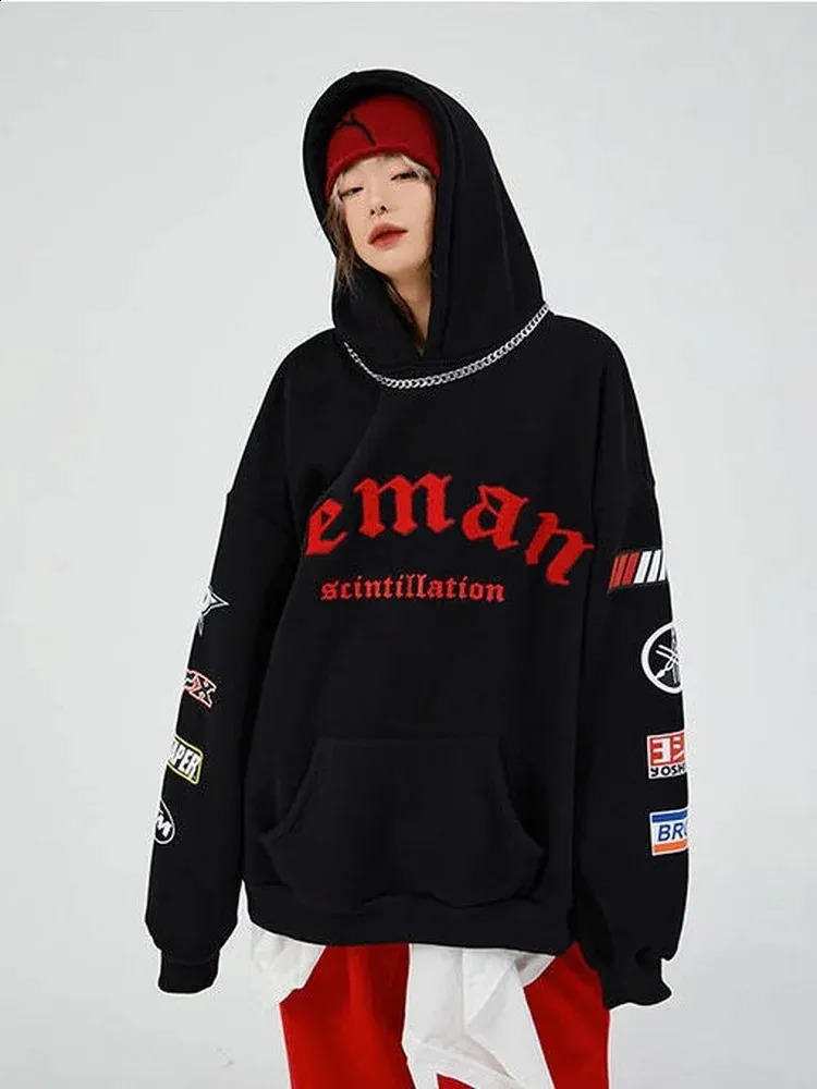 Algodão oversize com capuz bordado hoodie das mulheres alfabeto impressão camisola feminina inverno engrossado duplo capuz camisola 240126