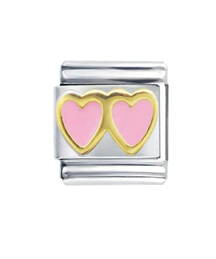 Hela rostfritt stål 9mm klassisk storlek Composable Links Justerbar älskar dig rosa emalj dubbel hjärtan italiensk charmarmband l4665808