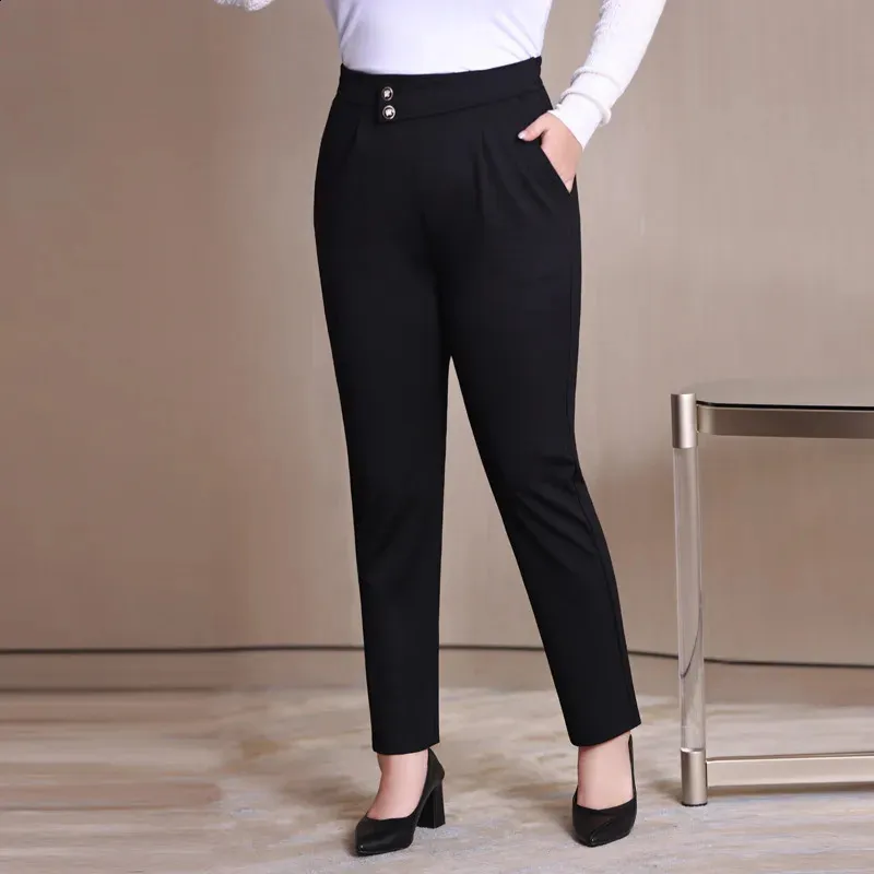 Calças femininas plus size, leggings de treino para mulheres com bolsos, calças de moletom pretas, cintura alta, calças de trabalho, 240130