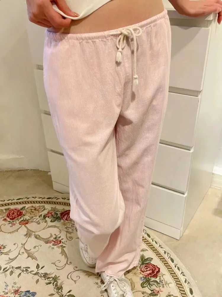 Retro rosa listrado cordão esporte calça outono cintura alta linho casual calças de perna larga y2k streetwear calças soltas chique 240201