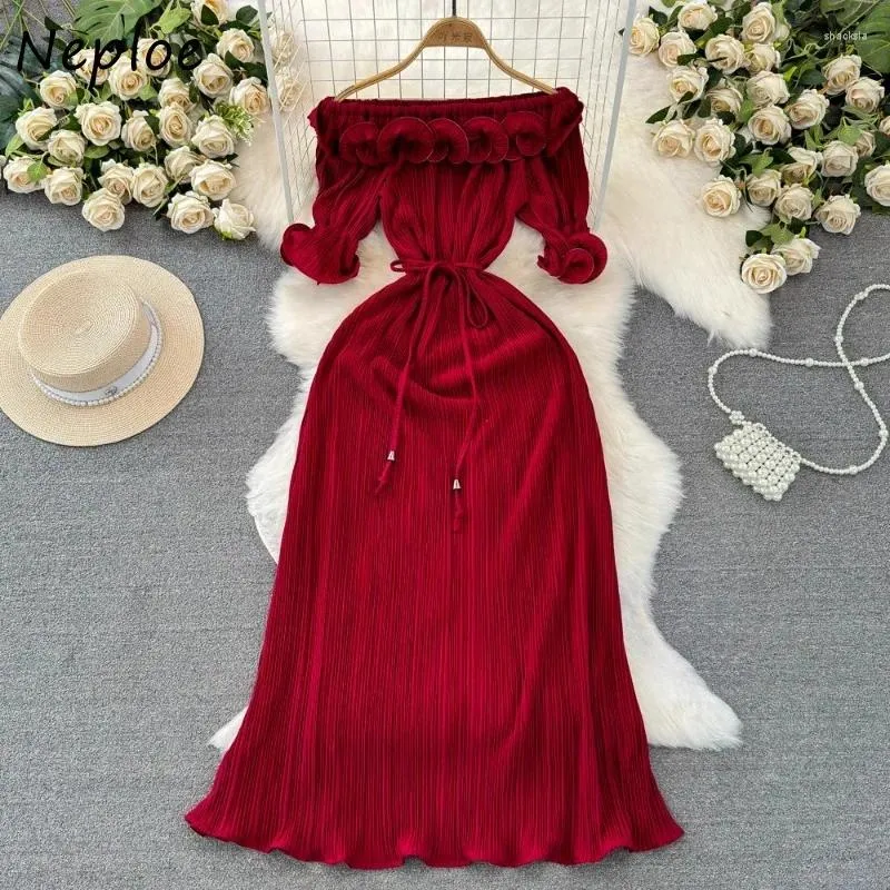 Festklänningar neploe kort ärm 3d blommor röd klänning för kvinnor sexiga off axel ruffles y2k smal midja a-line vestidos mujer