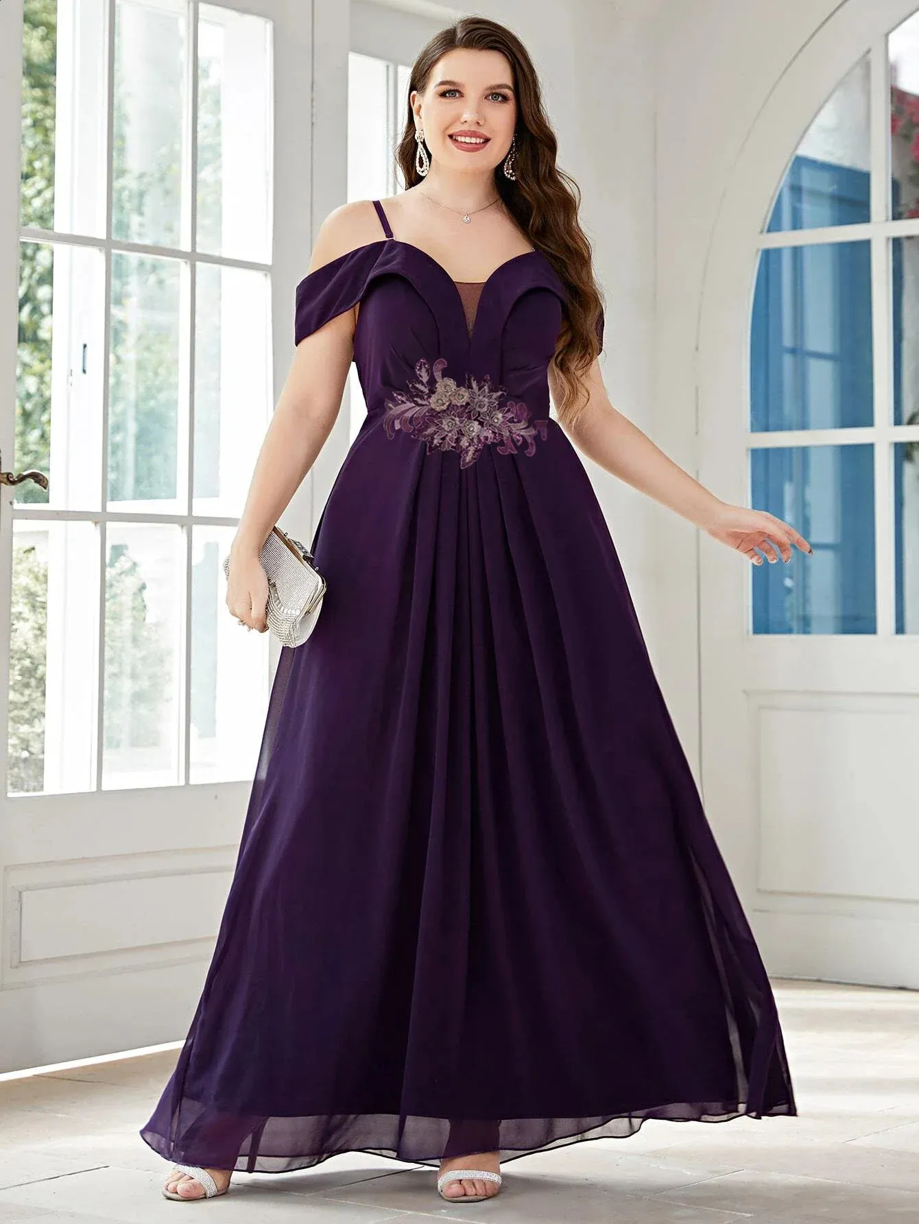 bridesmaid dresses for chubby ladies Elegant Plus Size Draped Back Criss-Cross Chiffon A-Line Dress main image 0