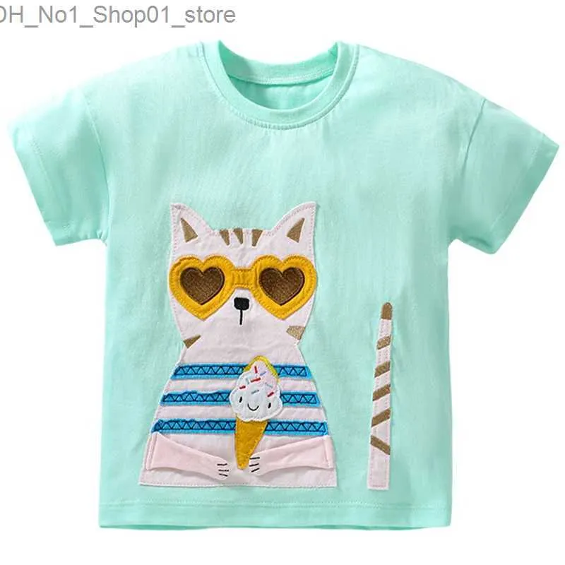 T-shirts 2023 Baby Girls New Fashion T-shirt Summer Cotton Casual Clothing Cat With Glass Parto For Kids 2-7 Year Q240218