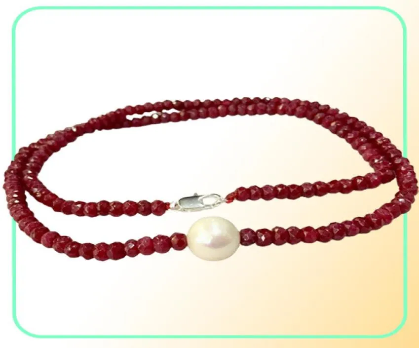 Handmade 910mm white freshwater pearl 2x4mm red jade faceted necklace long 45cm 4pclot9296573