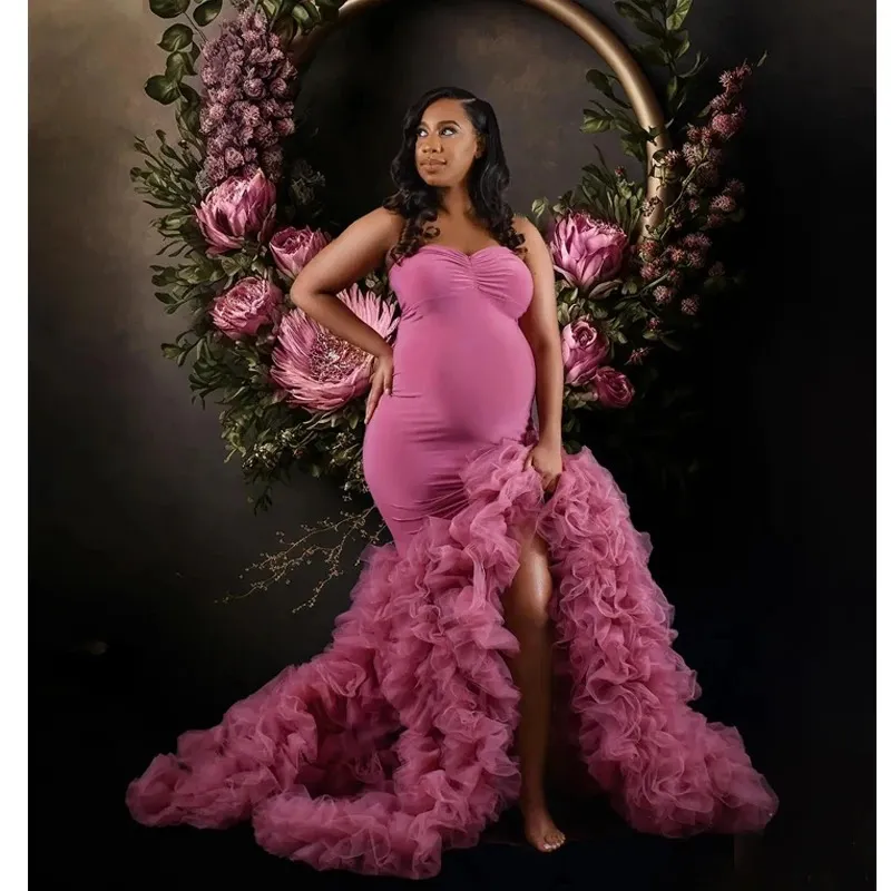 open lace back dress Dusty Pink Tulle Rose Cape Mermaid Maternity Baby Shower Gown – yewendress main image 0
