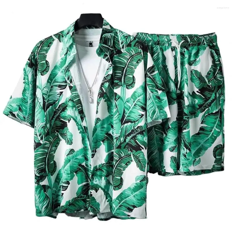Tute da uomo Hawaii Set da uomo Stampa risvolto 3D Foglia Manica corta Camicia casual Pantaloncini da spiaggia Oversize 2 pezzi Set Vacanza Abiti da uomo hawaiano