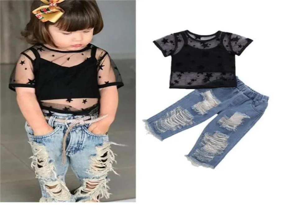 Baby Girl Clothing Set Girls039 Clothing Sets Lace Short Sleeve TShirt Vest and Jeans Threepiece3828094