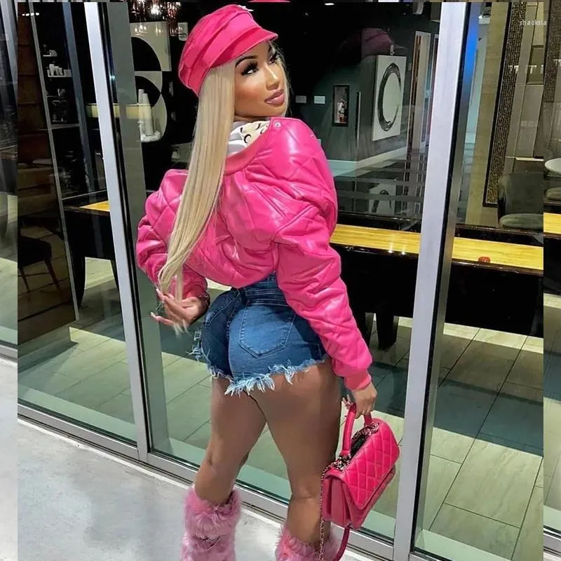 Pink Shiny Crop Puffer Jacket Pink Puffer Cute Bubble Jackets Hot