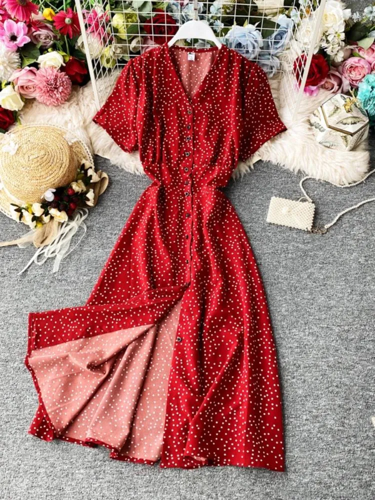 Party Dresses Korean Red Elegant Sexy Dress Women 2024 Summer Autumn V-ringning Polka Dot Midi midja Split Vestidos de Fiesta kläder