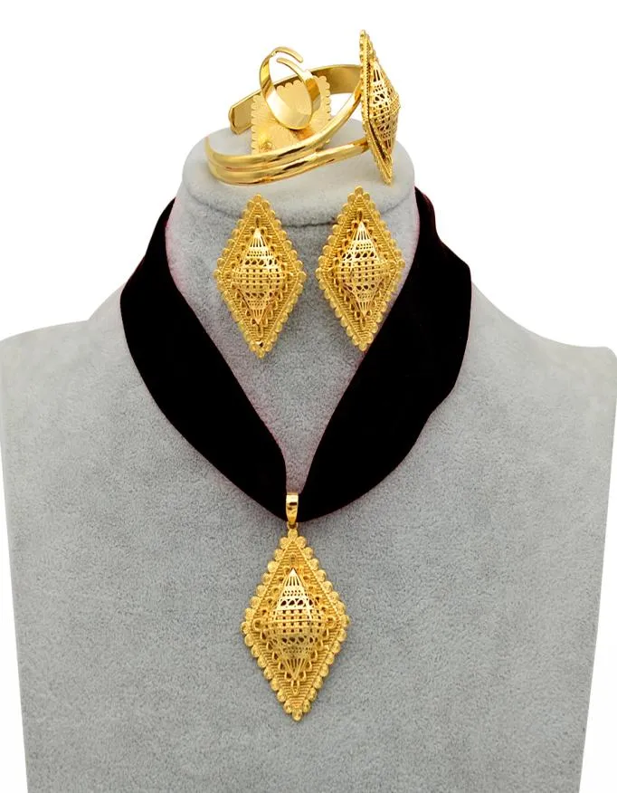 Anniyo DIY Seil äthiopisches Schmuckset Anhänger Halsketten Ohrringe Armreif Ring Goldfarbe Eritrea Habesha Schmucksets 218406 2014054361