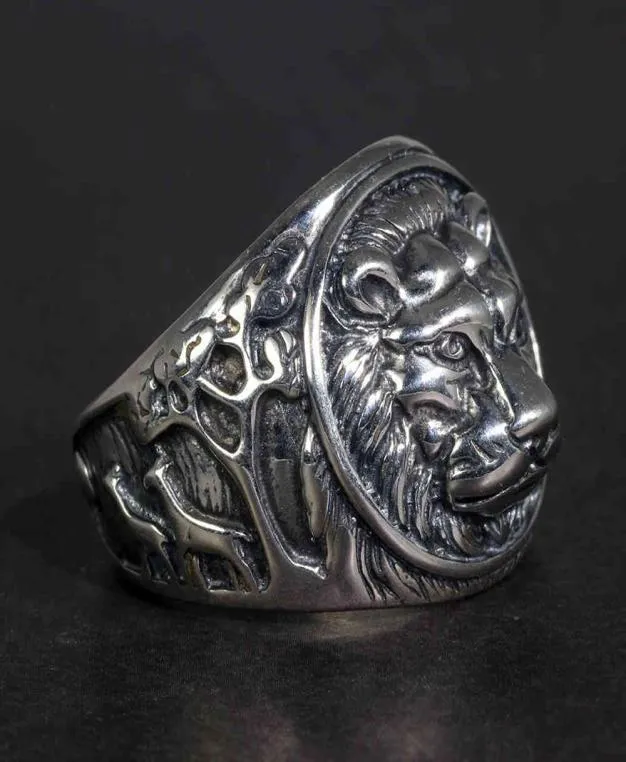 Ringen massief 925 sterling zilver heren leeuw ring vintage steampunk retro biker voor mannen bomen herten gegraveerd mannelijke sieraden4155069