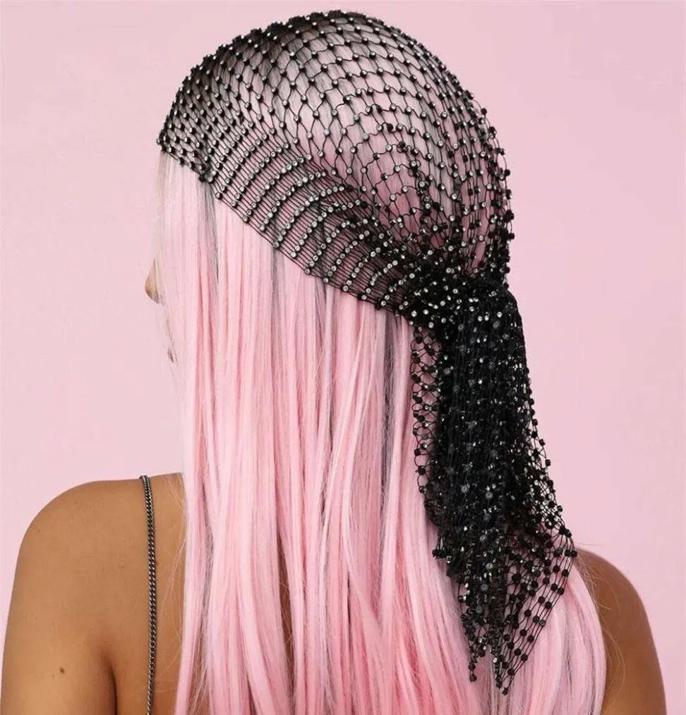 New Fashion Women Bling Rhinestone Head Scarf Turban Hat Headband Crystal Mesh Cap Hair Snood Nets Headpiece Headwear Accessorie5581274