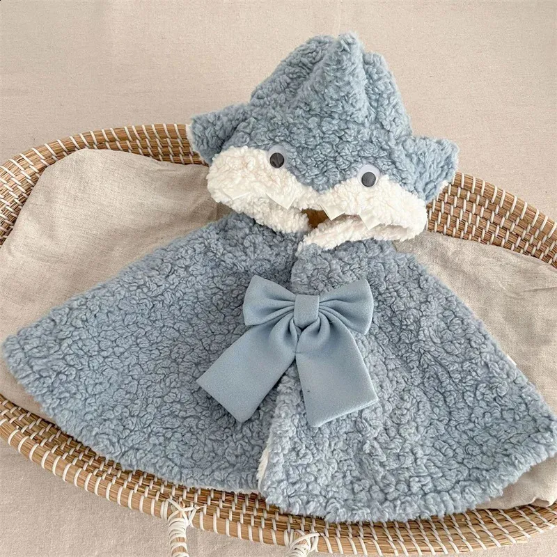 Baby Girls Fuzzy Cape Chunky Warm Shark Bow Soft Touch Buckle Hooded Cloak for Winter Fall 240122