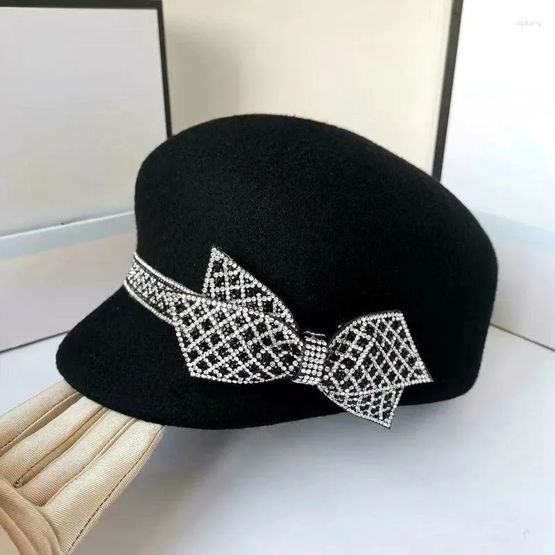 Berets alta qualidade preto boina de lã delicada moda strass arco equestre chapéu pintor sboy