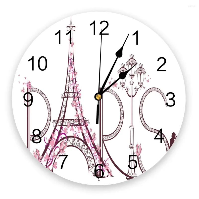 壁時計フランスパリエッフェルタワーピンク白い装飾ラウンドクロックカスタムデザイン非刻々とサイレントベッドルーム大規模
