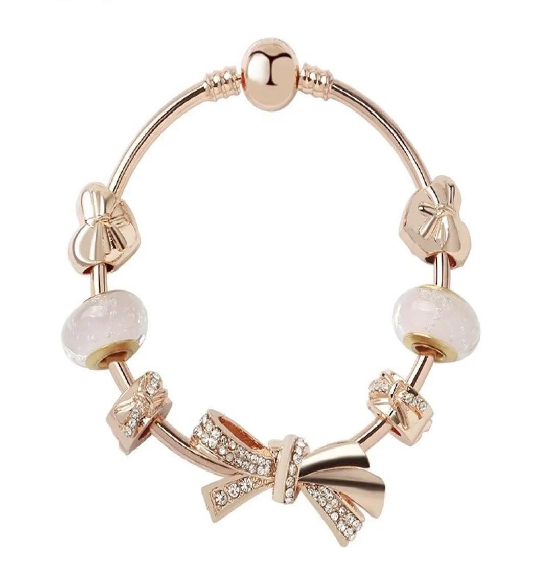 Bracciale con ciondolo stile moda donna oro rosa bowknot perline con ciondolo europeo fiocco di neve ciondola adatto braccialetti con ciondolo collana gioielli fai da te7758165