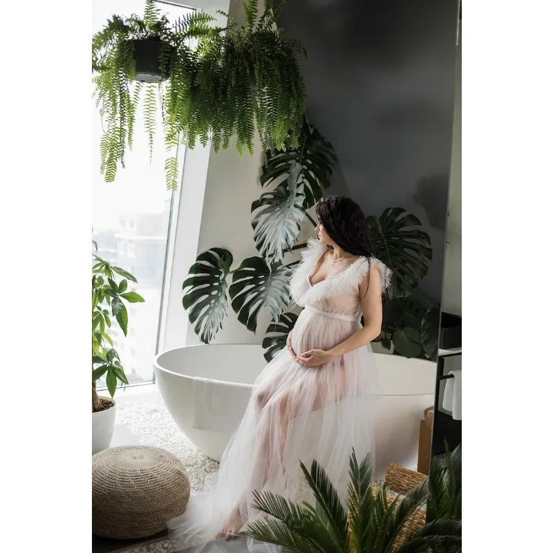 White maternity dress,Sheer dress with feathers,Ivory dress with train,Flying dress for pregnant women,White peignoir,Special occasion dress