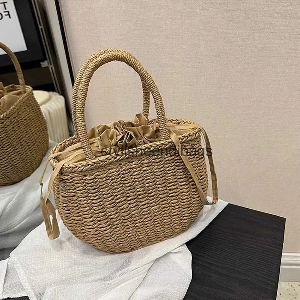 Totes DrawString Straw Bag For Women Top Handle Bag Summer Beach Woven Boho Bag Rattan stor kapacitet Tygväska Ladies Shopper Clutchh24219