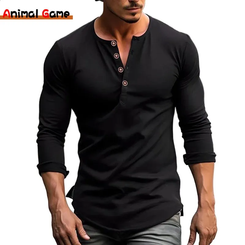 Herbst Herren Henley-Kragen langärmelige T-Shirts solide lässige Top einreihige T-Shirt weiche Bodenbildung Shirt 240123