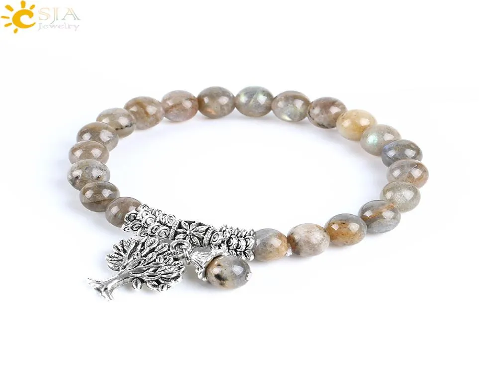 CSJA Natur Labradorit Spektrolith Damen Armbänder Armreifen Edelstein Mala Perlen Baum des Lebens Charm Reiki Heilung Meditation Jewel8825270