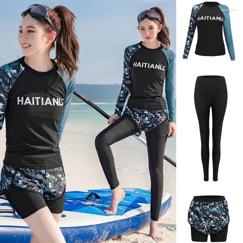 Women's Swimwear Two-Piece Rash Guards Women Swimming Suit Long Sleeves Pants Surfing Print 3 Pieces Summer Beach Wear