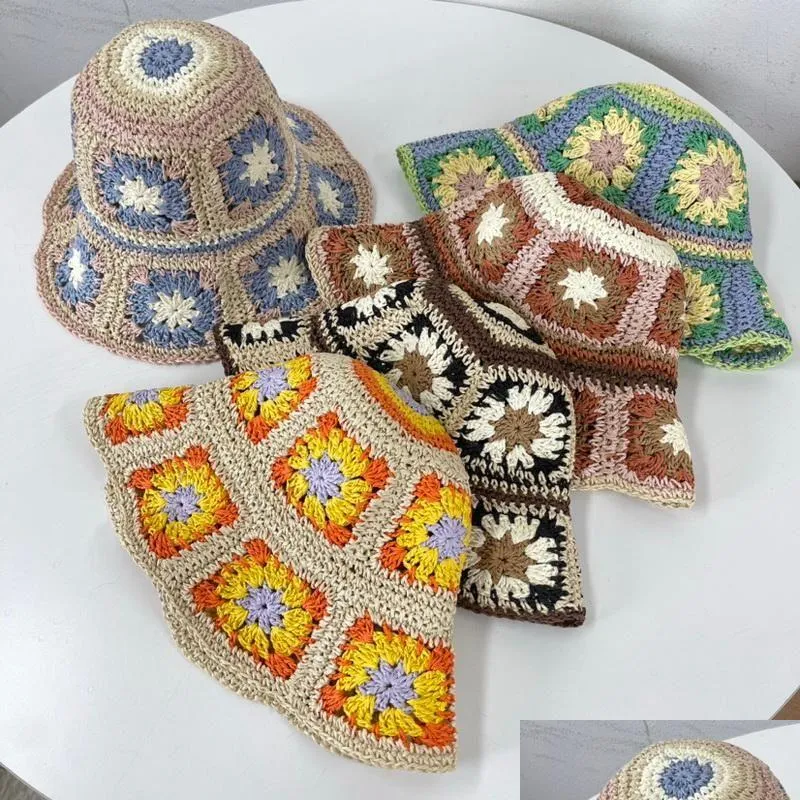 Beretler Boho Örgülü Kova Şapkası Kadınlar Harajuku Big Sun Sun Bob Cap Cloghet Çiçekler Balıkçılık Kız Tatil Katlanabilir Panama Damla Dh0ZA