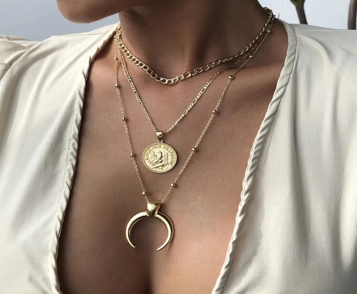 Designer de jóias inteiras para meninas mulheres pulseira colar euramerican personagem cabeça lua moeda liga multi camada pingente neckl8507505