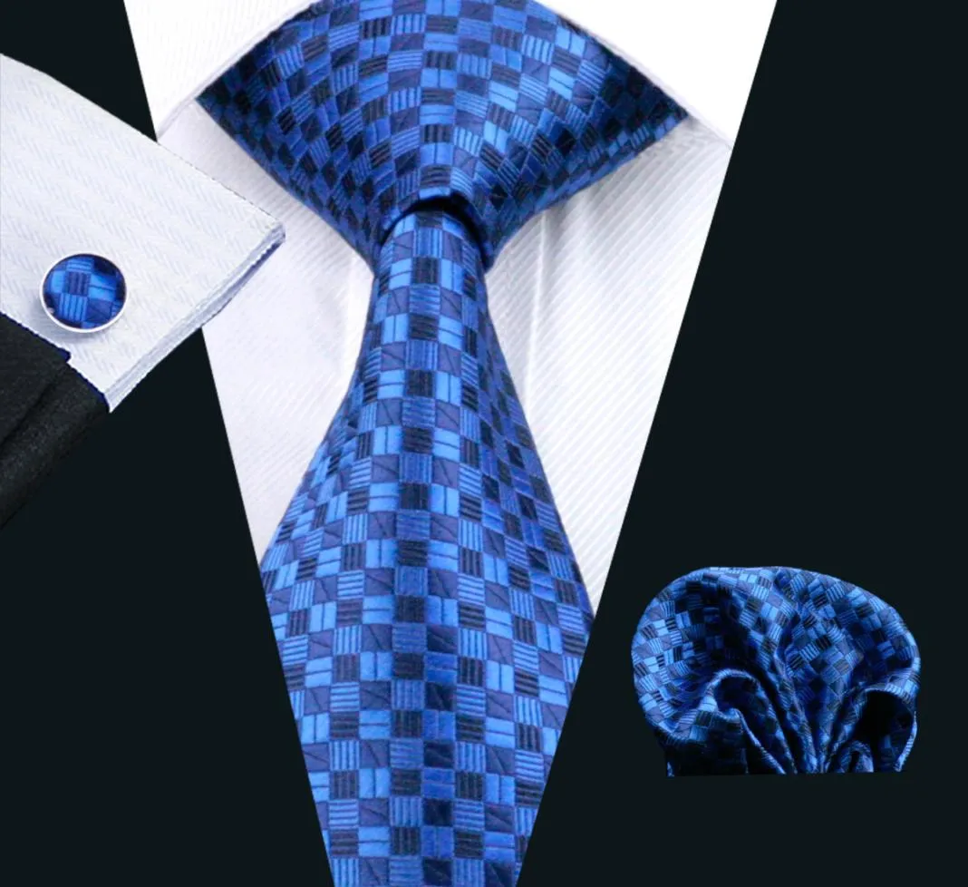 Ensemble de boutons de manchette en soie à carreaux bleus pour hommes, ensemble de cravates tissées en Jacquard pour hommes, travail d'affaires, réunion formelle, loisirs N05613277130