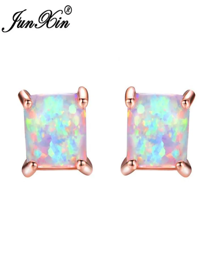 JUNXIN GreenBlueWhite Boucles d'oreilles en opale de feu pour femmes Boucles d'oreilles carrées remplies d'or rose Coupe princesse Boucle d'oreille en pierre de naissance Cadeaux2854044