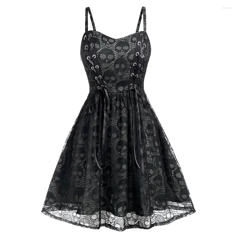 Casual Dresses Gothic Lace Sling Punk Skulls Sexig fest Mini Dress for Women Sleeveless Fashion Streetwear Vestido de Festa