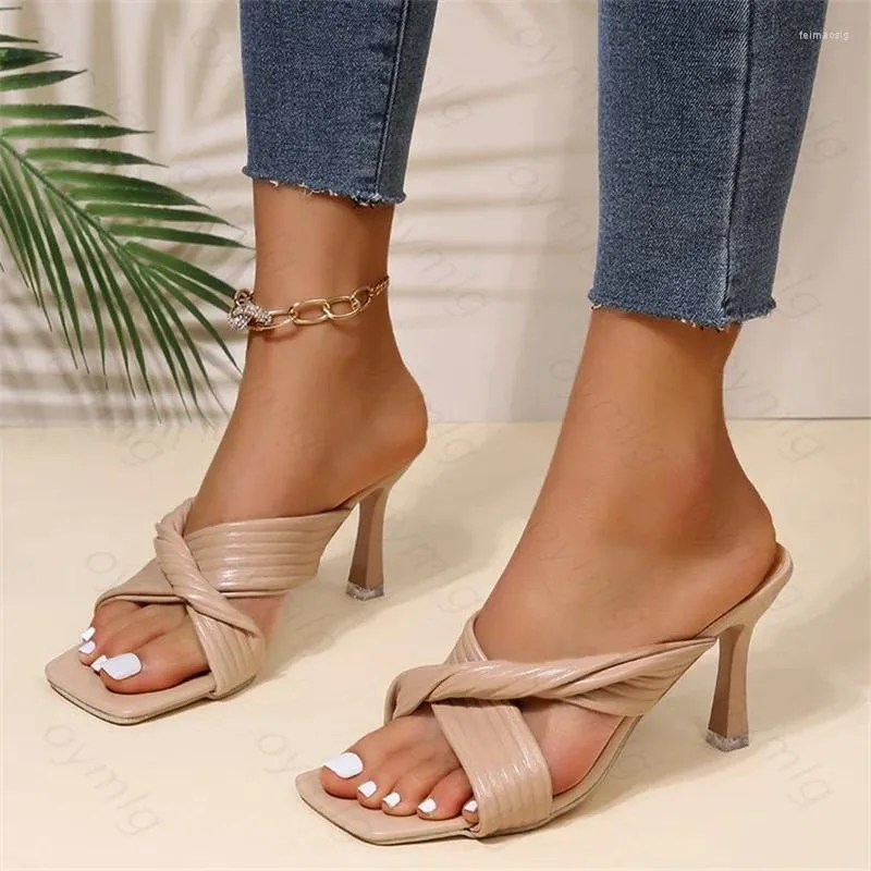 Chaussures de robe Summer Square Head Poisson Bouche Sandales Pantoufles Femmes Grande Taille Stiletto Talon Haut Pantoufle Dames Mode Talons Sexy