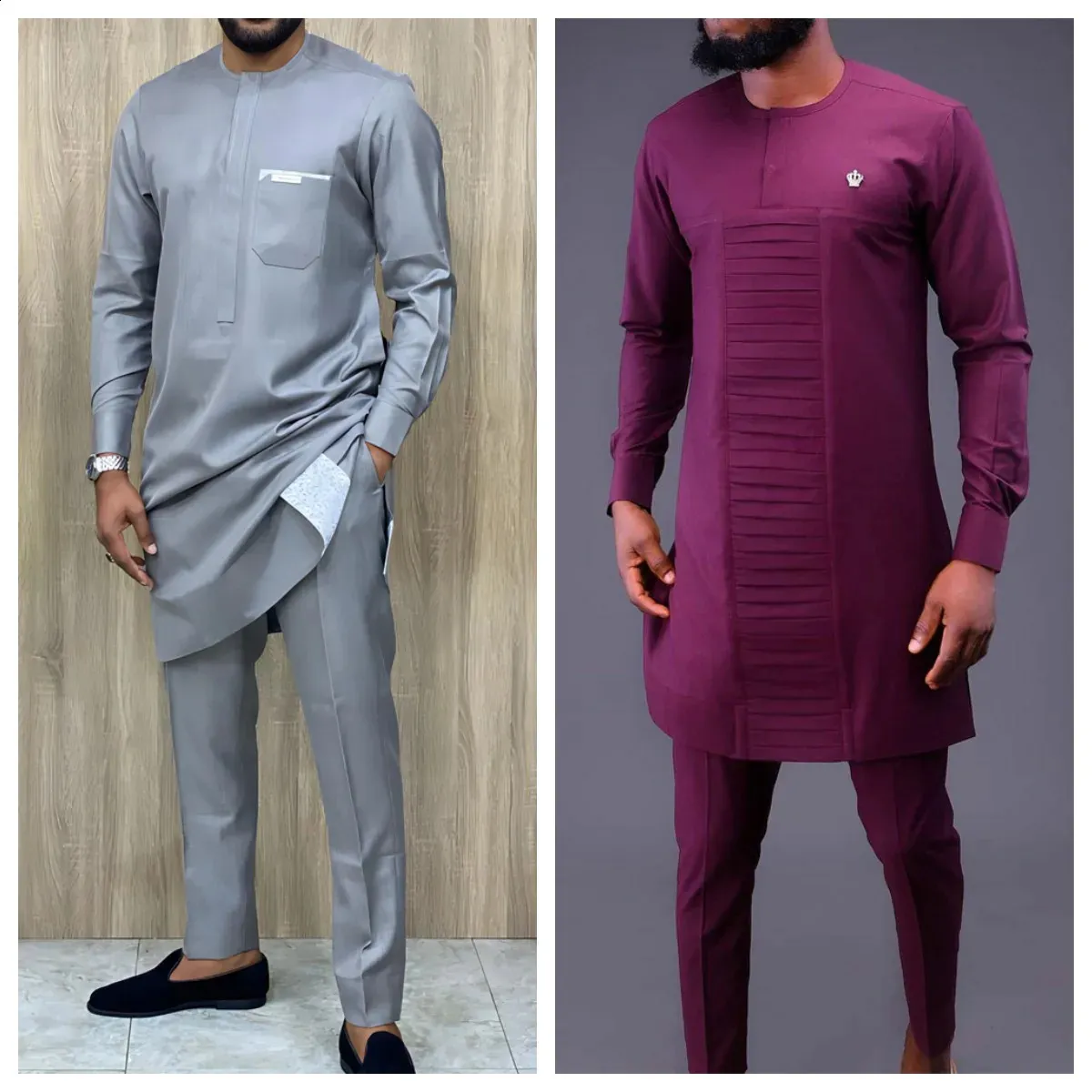 2024 قميص بدلة الرجال الفاخرة وسراويل من 2 طاقم الملابس الرقبة الصلبة لون الأكمام طويلة الأكمام الإثنية الأفريقية M-4XL 240118