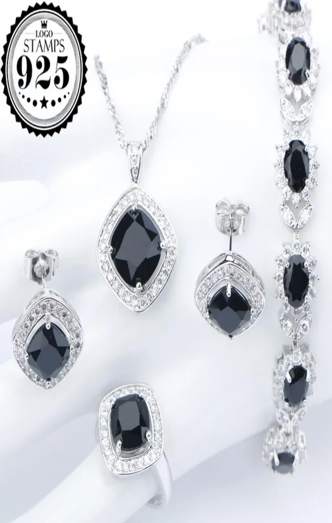 Silver 925 Costume Wedding Black Zircon Jewelry Sets For Women Bracelets Earrings Rings Pendant Necklace Set Jewellery Gift Box4386986