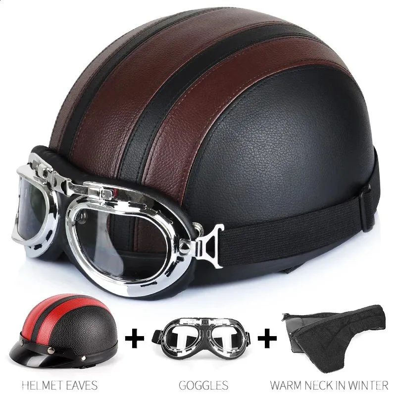 Retro Leather Motorbike Helmet Motorcycle Riding Vintage Cruiser Half Helmets Moto Bicycle Scooter Skating Baseball Cap 240122