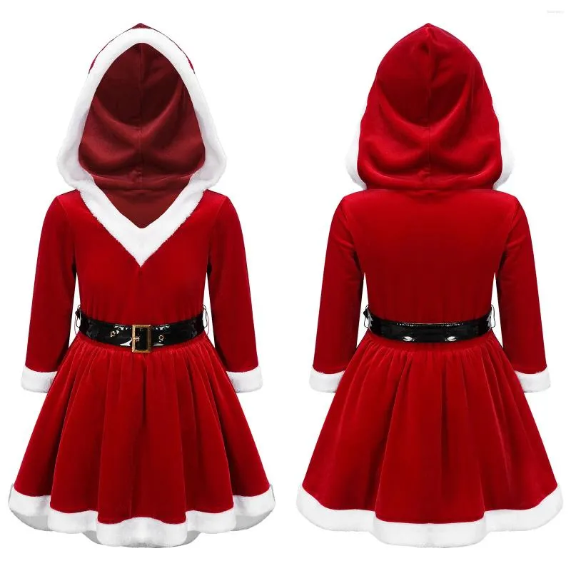 Flicka klänningar barn flickor jul jultomten cosplay kostym xmas halloween karneval tema party långärmad sammet huva klänning med bälte