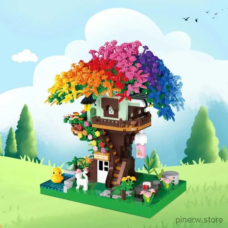 Bloki Rainbow Sakura Tree House Builds Creative City Street Widok budynek mini cegły model dzieci